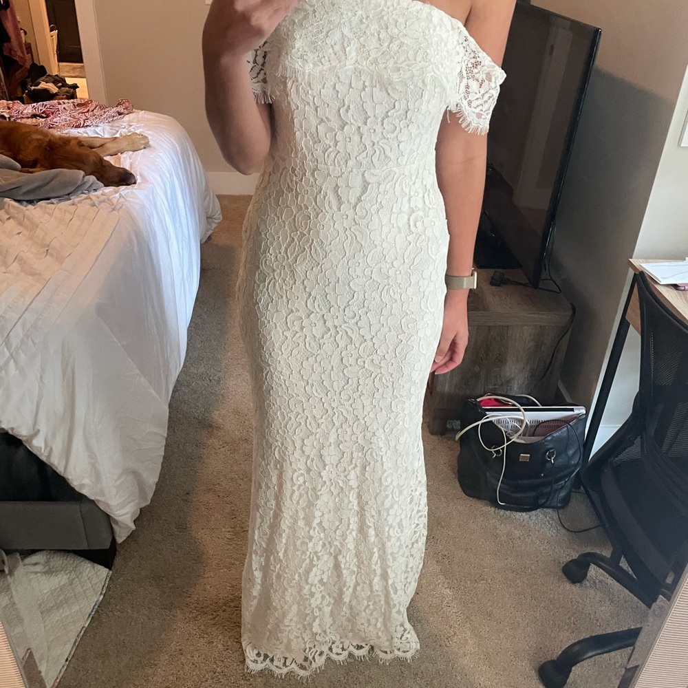 Lulus White lace Off the shoulder maxi dress